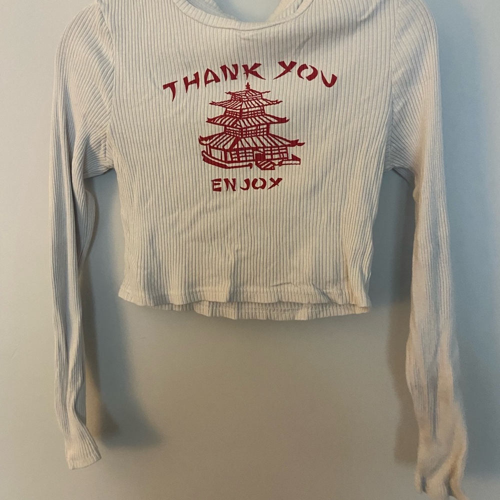 White Long Sleeve Top with Red Thank You Enjoy Graphic